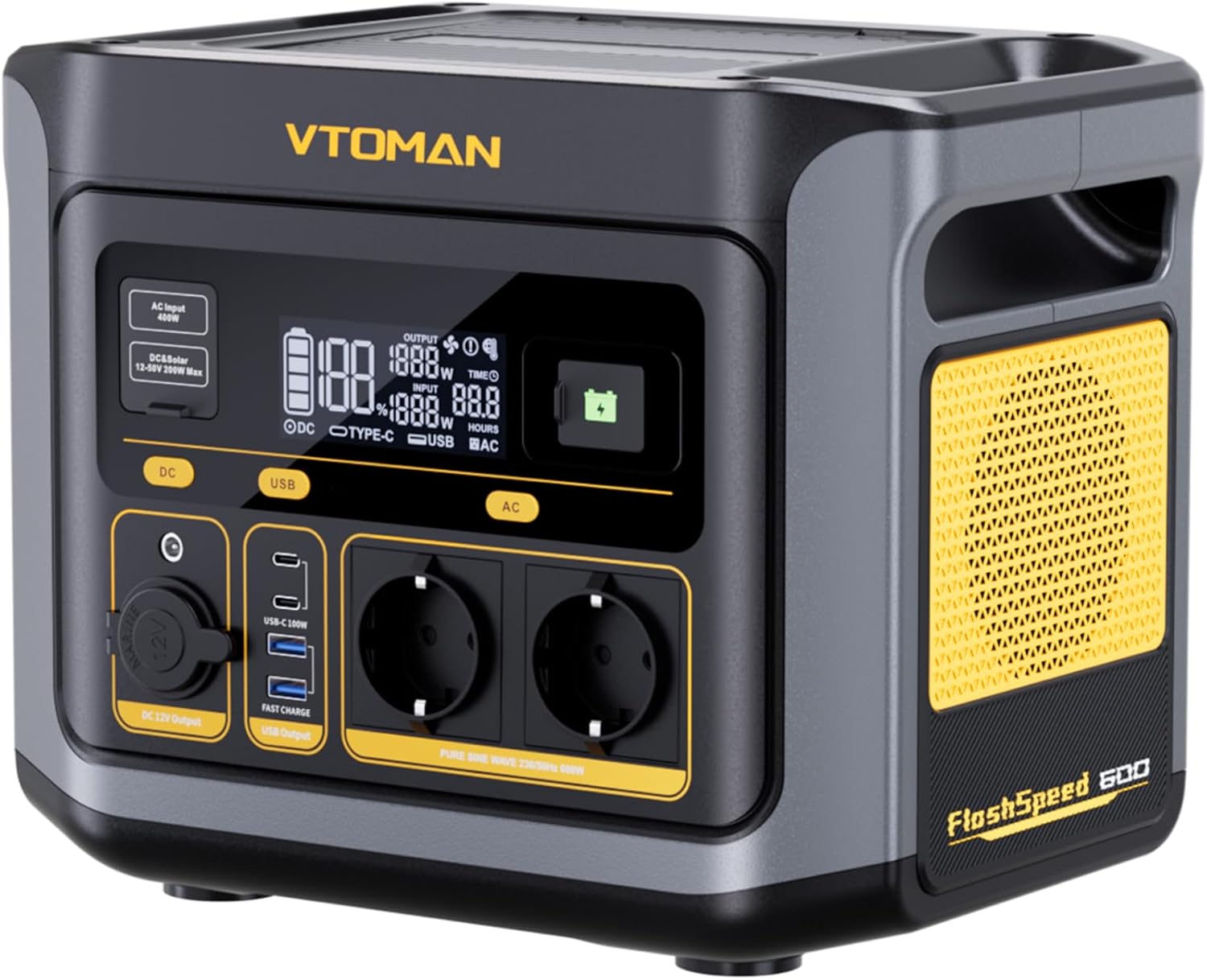 VTOMAN FlashSpeed 600 Tragbare Powerstation 600W (Spitze 1200W) - 499Wh Solargenerator LiFePO4 Stromgenerator Mobile Stromspeicher, 100W USB-C, 60 Min Schnellladung 0-80% für Camping, Angeln,Wohnmobil