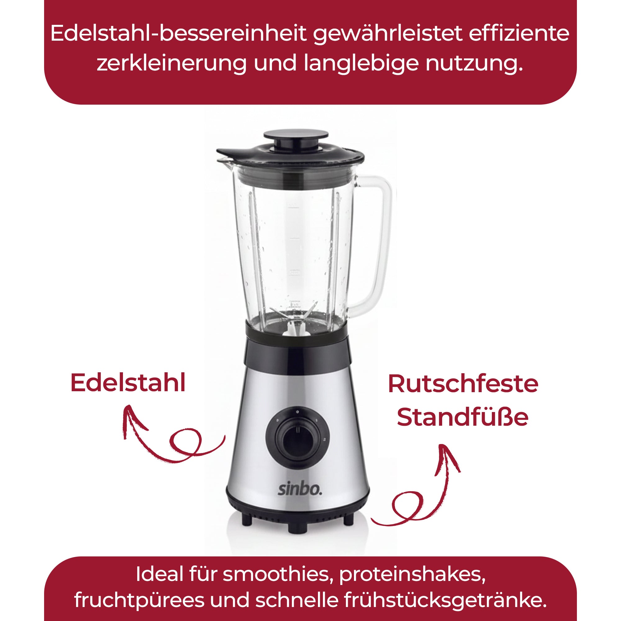 Sinbo SHB-3190 Smoothie Blender – 500 W | 2-stufige Geschwindigkeitsregelung | Edelstahlgehäuse | Multifunktional