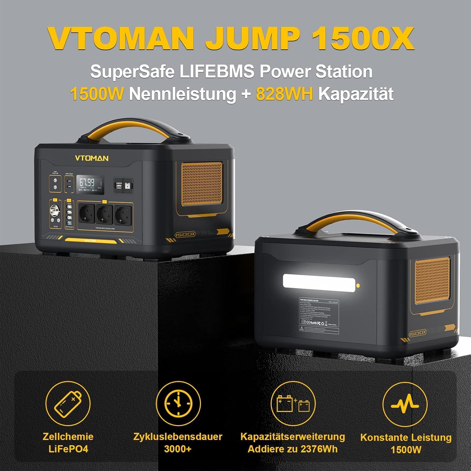 VTOMAN Jump 1500X Zusatzbatterie 1548Wh - LiFePO4 Batterie für Erweiterungs Jump 1500X/Jump 2200 Tragbare PowerStation, für Outdoor Camping, Garten, Wohnmobil, Reisen, Angeln, Notfall,Off-Grid