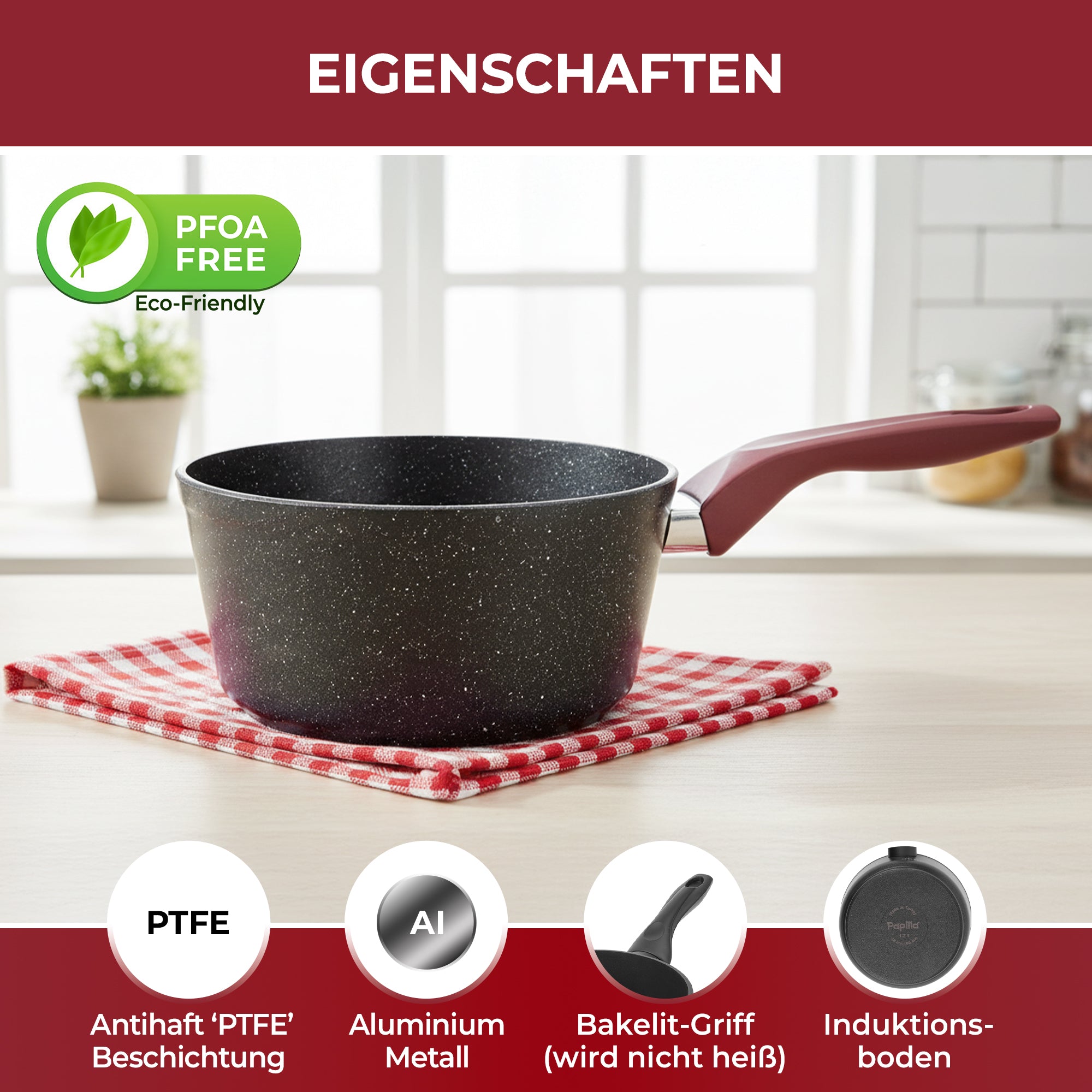 TITAN PLUS Saucepan – 16 cm | Induktionsgeeignet | PFOA-Frei | PTFE-Antihaftbeschichtung