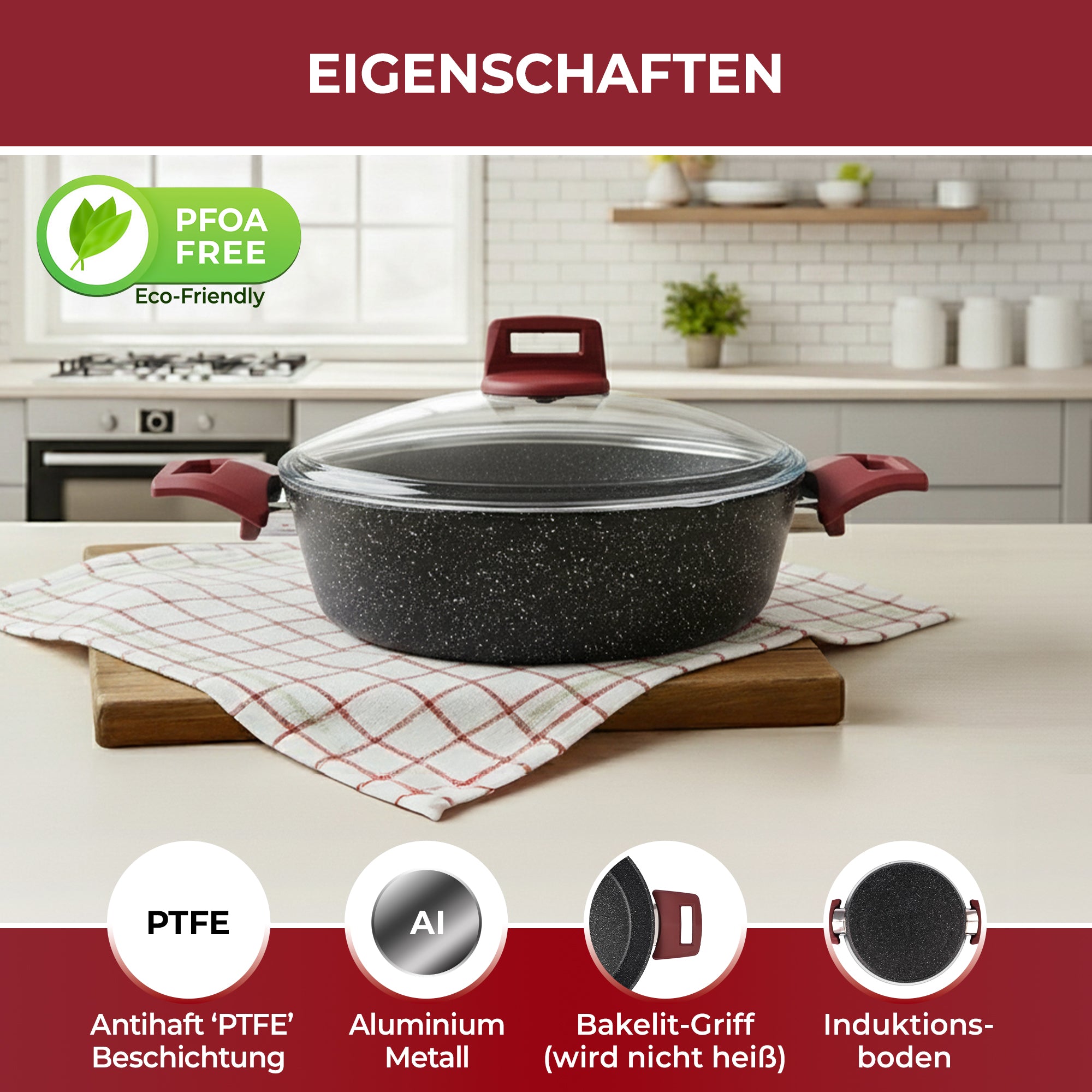 VILMA PLUS Kasserolle – 24 cm | Mit Glasdeckel | Induktionsgeeignet | PFOA-Frei | PTFE-Antihaftbeschichtung