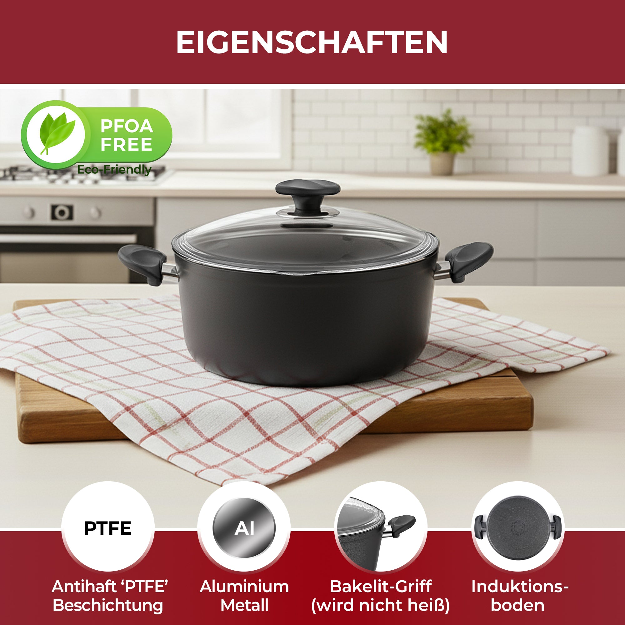 24 cm Kochtopf mit Glasdeckel und schwarzen Bakelitgriffen – TITAN PLUS ALIZE