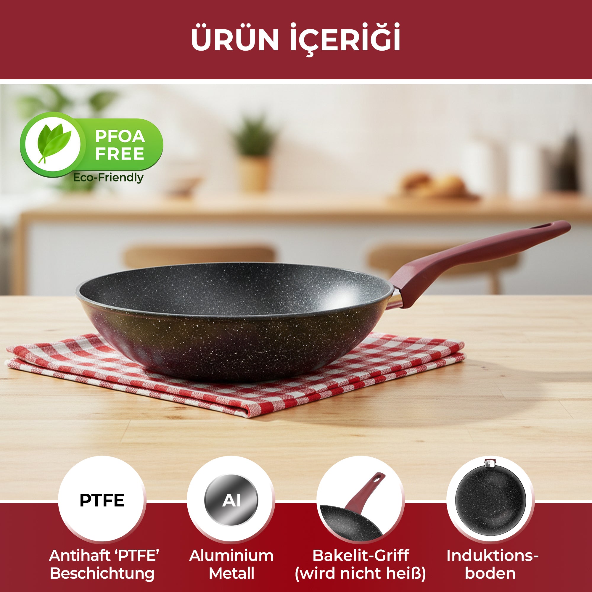 TITAN PLUS Wokpfanne – 28 cm | Induktionsgeeignet | PTFE-Antihaftbeschichtung | PFOA-Frei | Bakelit-Griff