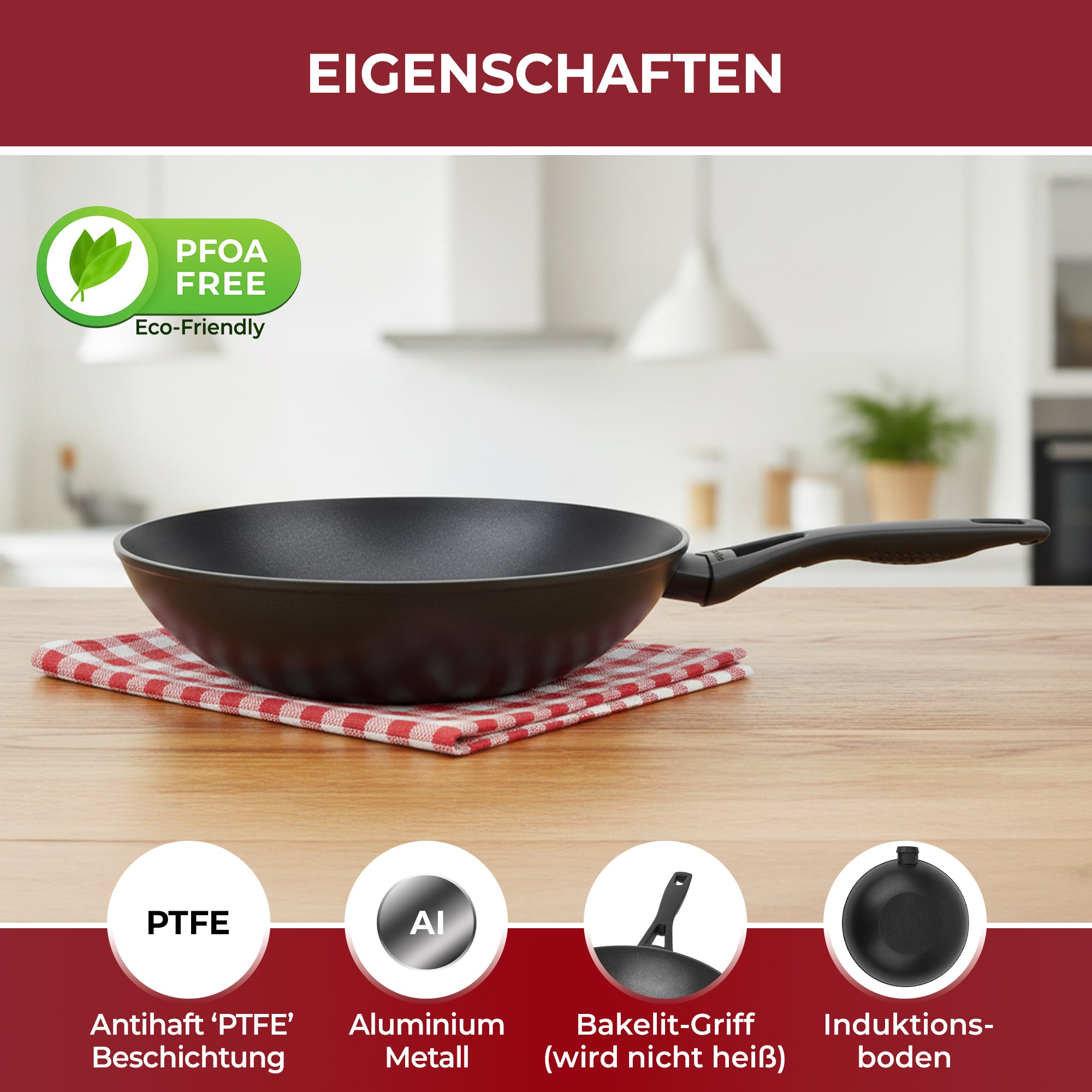 28 cm Wokpfanne Schwarz – VILMA PLUS | Induktionsgeeignet | PFOA-Frei | PTFE-Antihaftbeschichtung