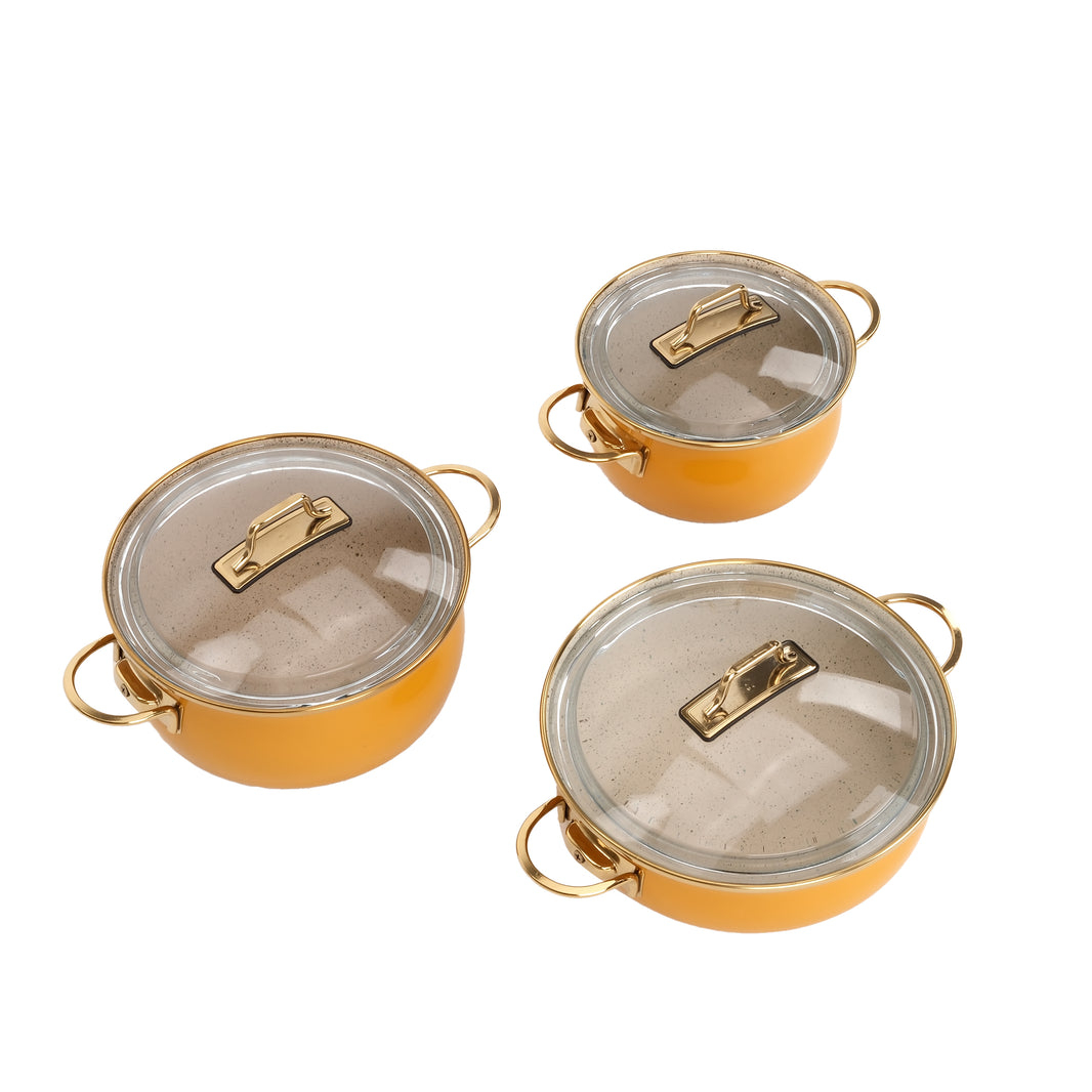 Bonera Vintage 3-teiliges Kochtopf-Set mit Glasdeckel – 16 cm / 20 cm / 22 cm | Emaillebeschichtet | Induktionsgeeignet | PFOA- & BPA-Frei | Senfgelb