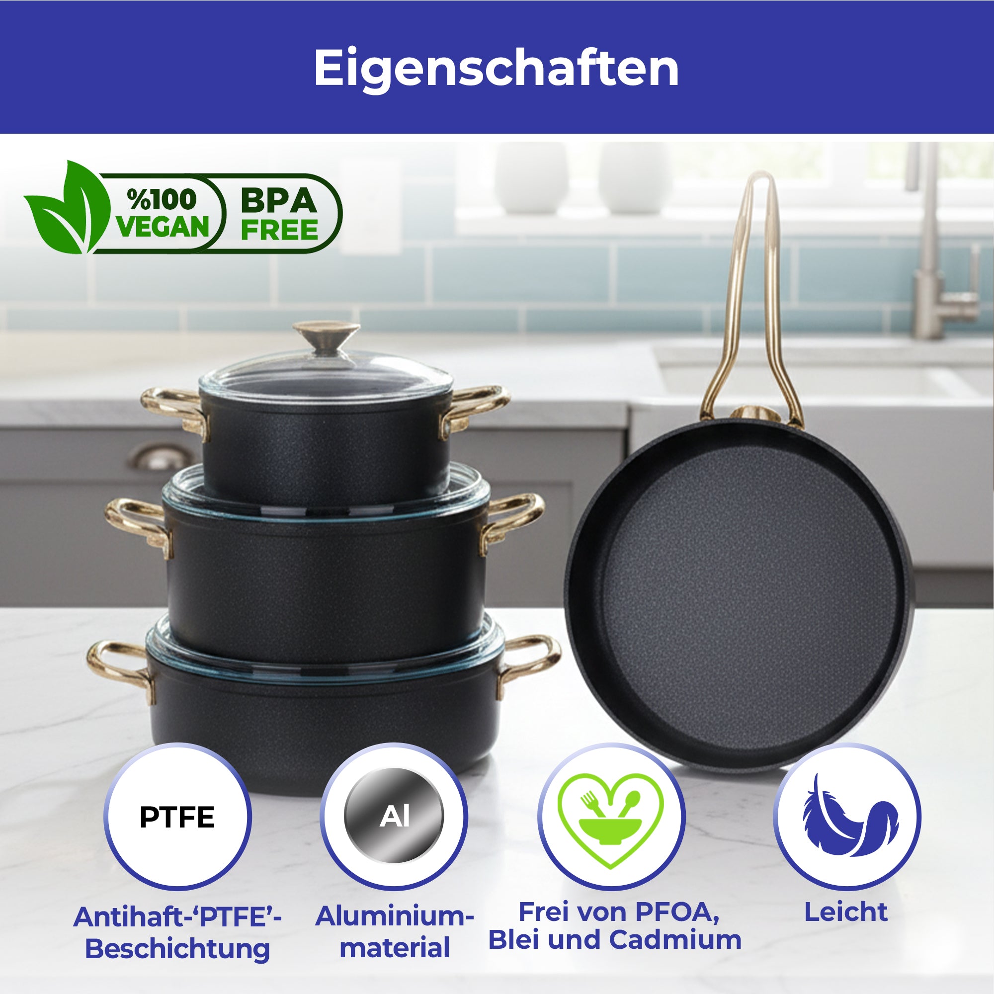 Atlas Gold 7-teiliges Kochset – Titanyum & Aluminium | Glasdeckel | Goldfarbene Griffe | PFOA-frei