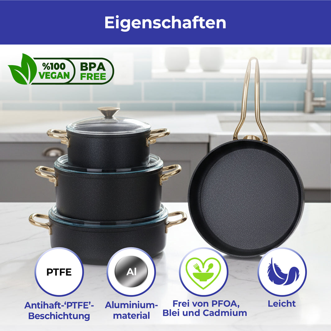 Atlas Gold 7-teiliges Kochset – Titanyum & Aluminium | Glasdeckel | Goldfarbene Griffe | PFOA-frei