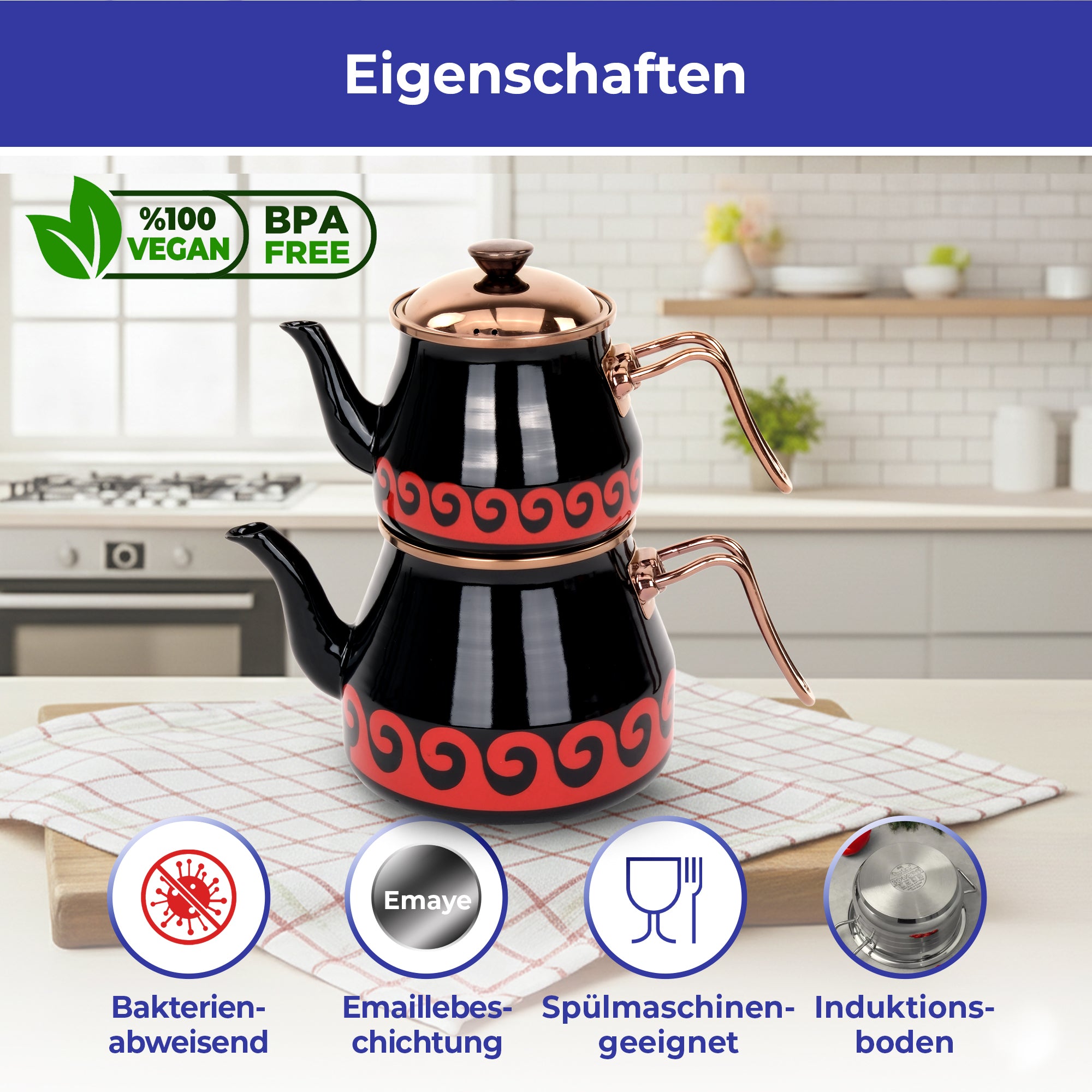 Emaille-Teekannenset – 4,5 L | Induktionsgeeignet | Spülmaschinenfest | Kupferfarbene Deckel & Griffe