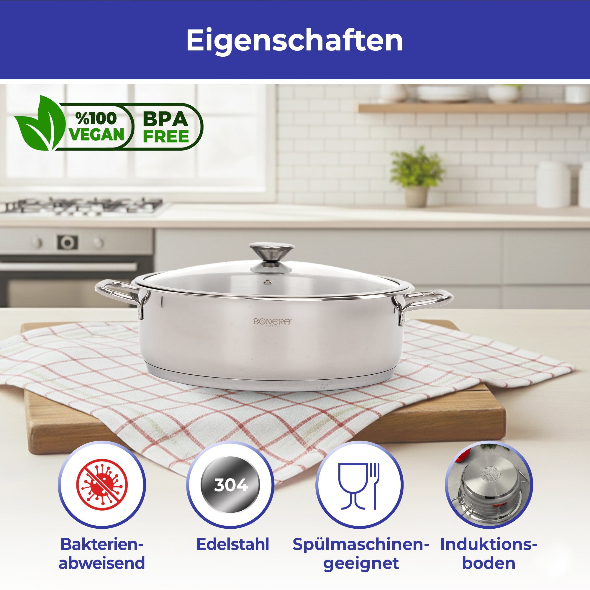 Omega Edelstahlkochtopf mit Glasdeckel – Ø 18–30 cm | Induktionsgeeignet | 304 Edelstahl | BPA-frei