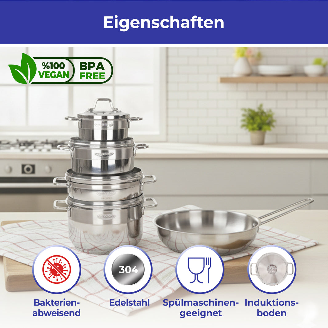 Bonera Sienna 9-teiliges Edelstahl-Topfset – 16 / 20 / 24 cm | Induktionsgeeignet | BPA-frei | PFOA-frei