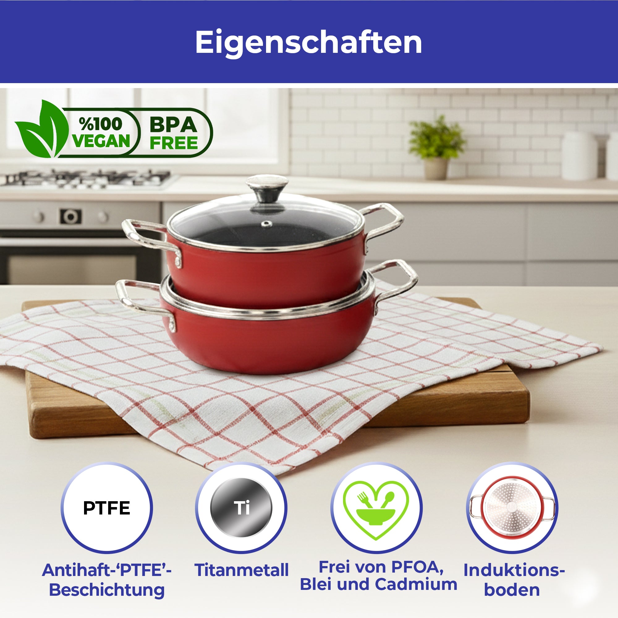 PROPLUS 4-teiliges Topf- & Pfannenset mit Glasdeckel | PTFE-Antihaftbeschichtung | Titanverstärkt | Induktionsgeeignet