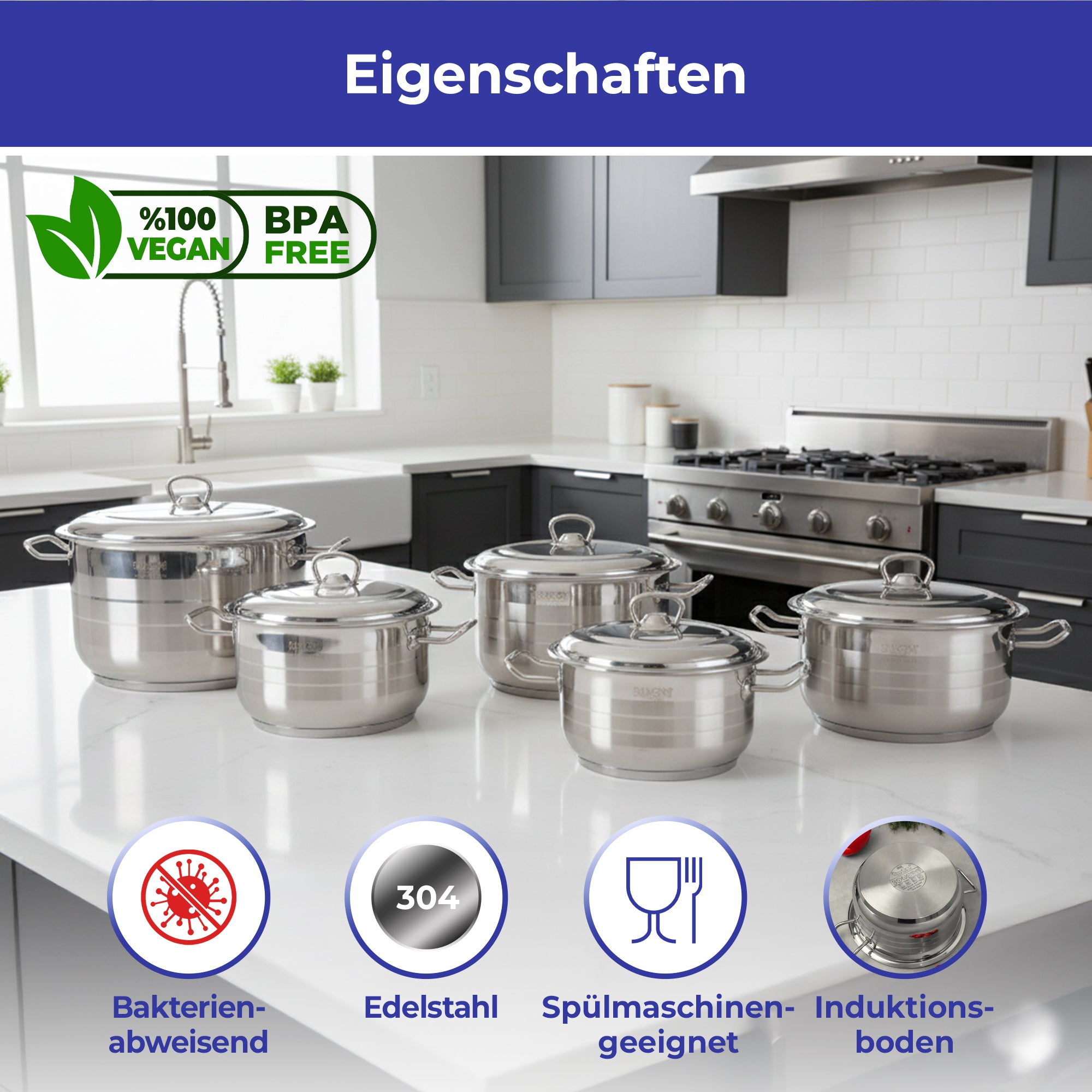 MASTERCHEF 10-teiliges Edelstahl-Kochtopfset | 304 Edelstahl | Induktionsgeeignet | Spülmaschinenfest