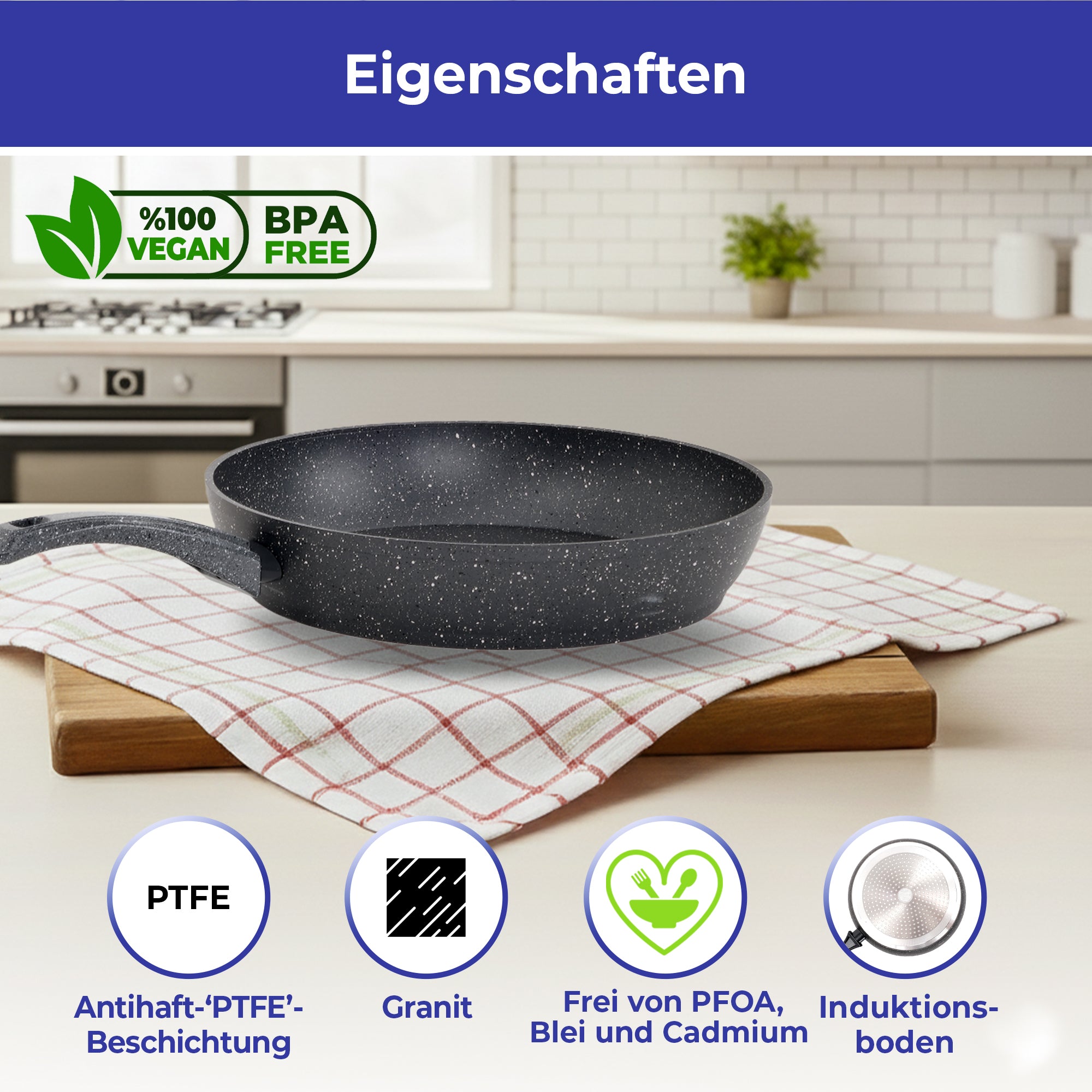 Bonera Vogue Granit Bratpfanne – 30 / 32 cm | Induktionsgeeignet | PTFE-Antihaftbeschichtung | PFOA-Frei
