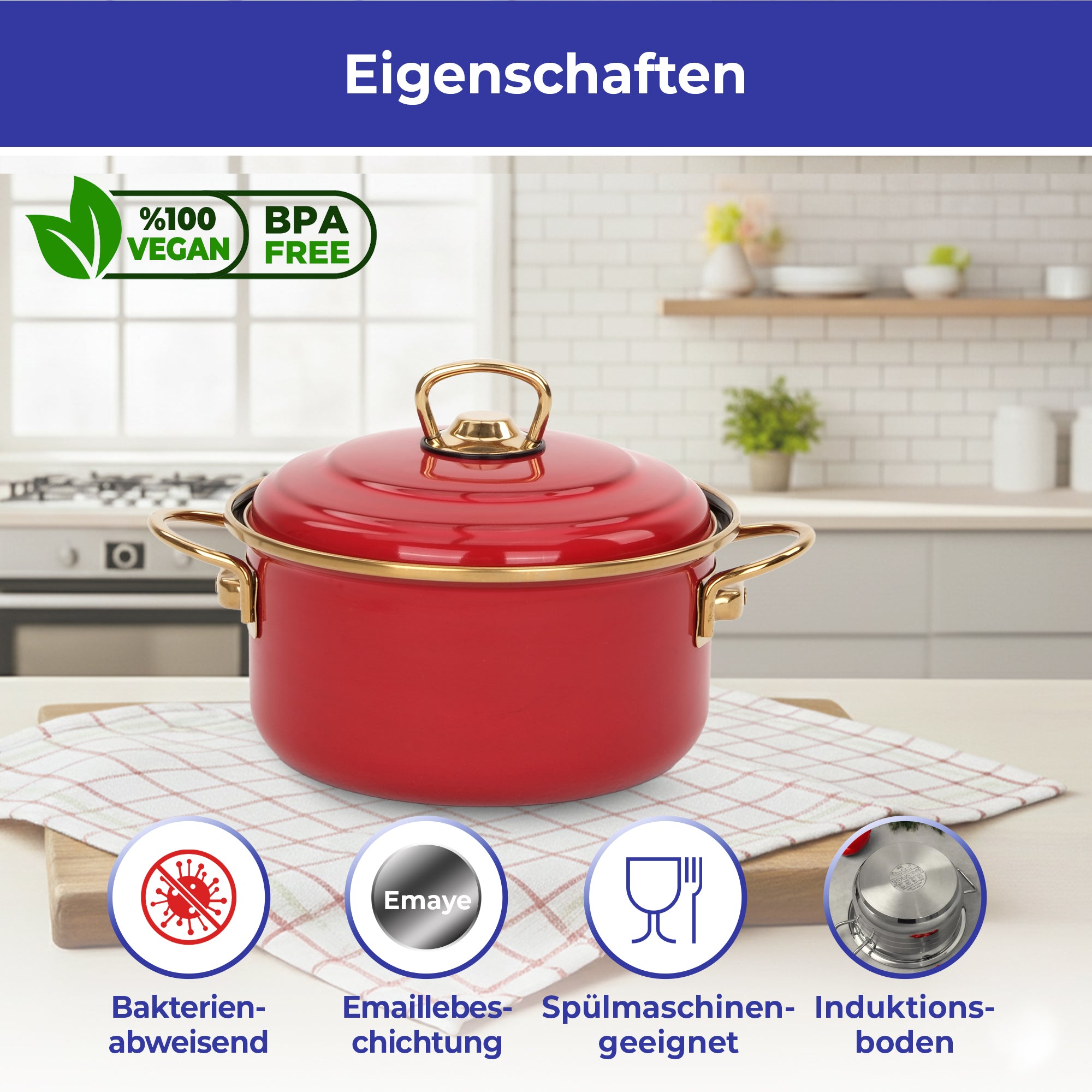BONERA Academia Emaille Kochtopf 18 cm – Rot | Induktionsgeeignet | Spülmaschinenfest | BPA-Frei