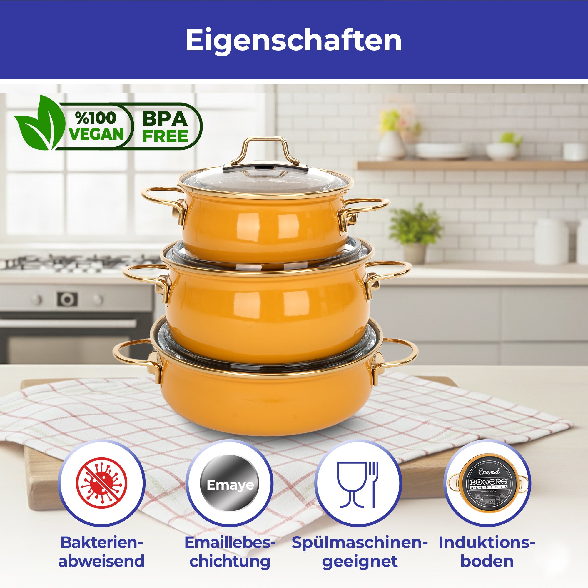 Bonera Vintage 3-teiliges Kochtopf-Set mit Glasdeckel – 16 cm / 20 cm / 22 cm | Emaillebeschichtet | Induktionsgeeignet | PFOA- & BPA-Frei | Senfgelb