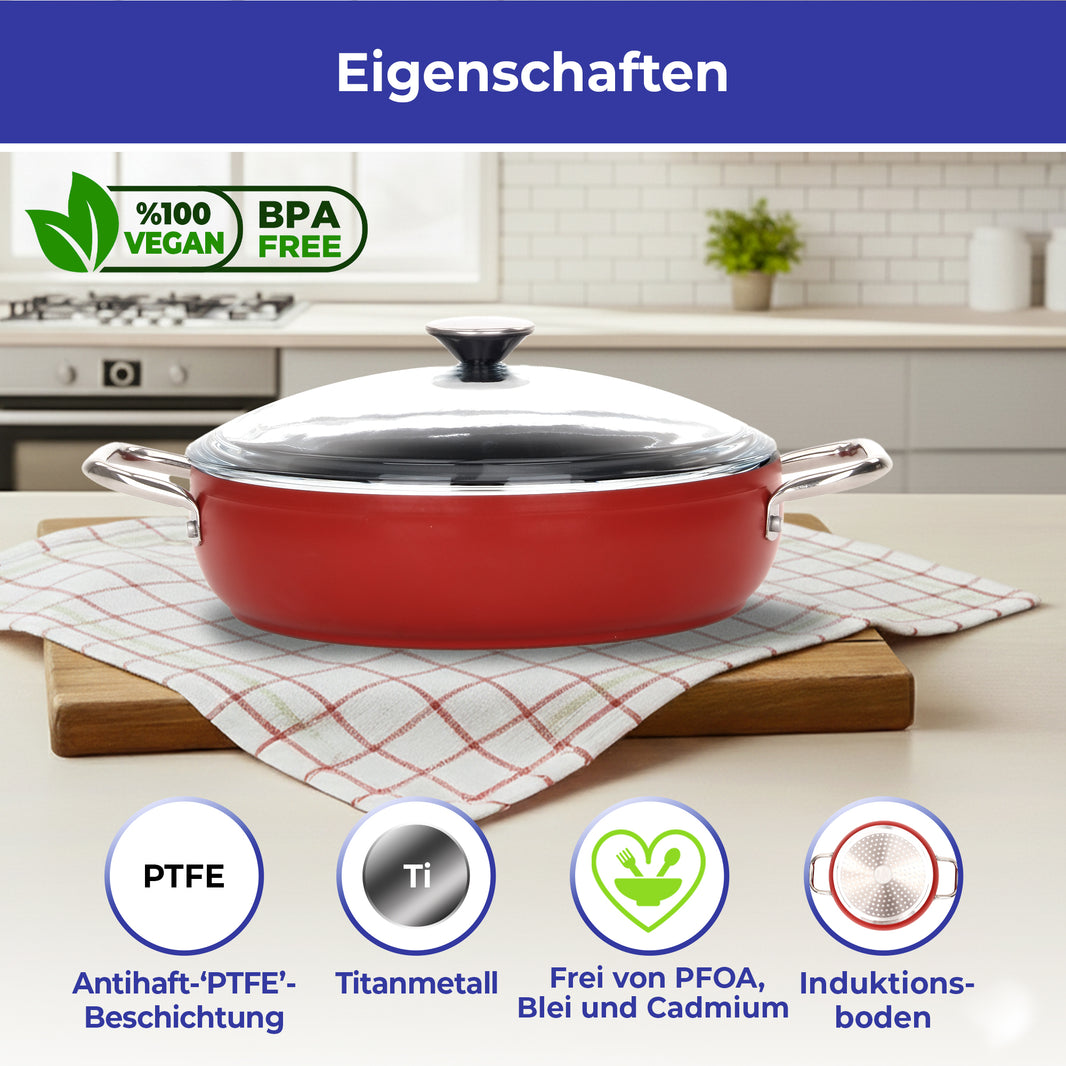 Proplus Flacher Kochtopf mit Glasdeckel – 26 / 30 / 32 cm | Induktionsgeeignet | PFOA-Frei | PTFE-Antihaftbeschichtung