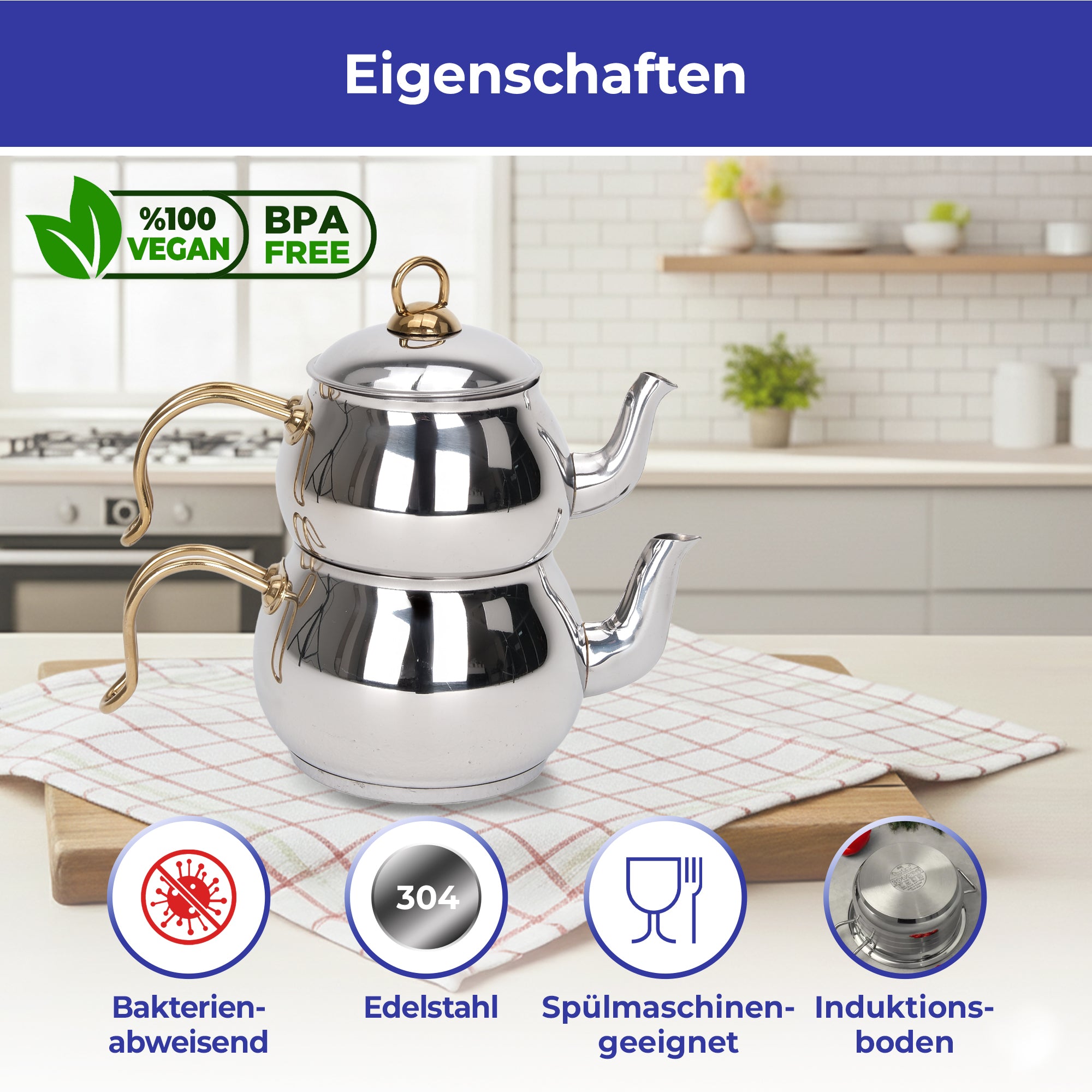 BONERA Küre Edelstahl Teekanne Set – 304 Edelstahl | Induktionsgeeignet | Spülmaschinenfest | Bakterienabweisend