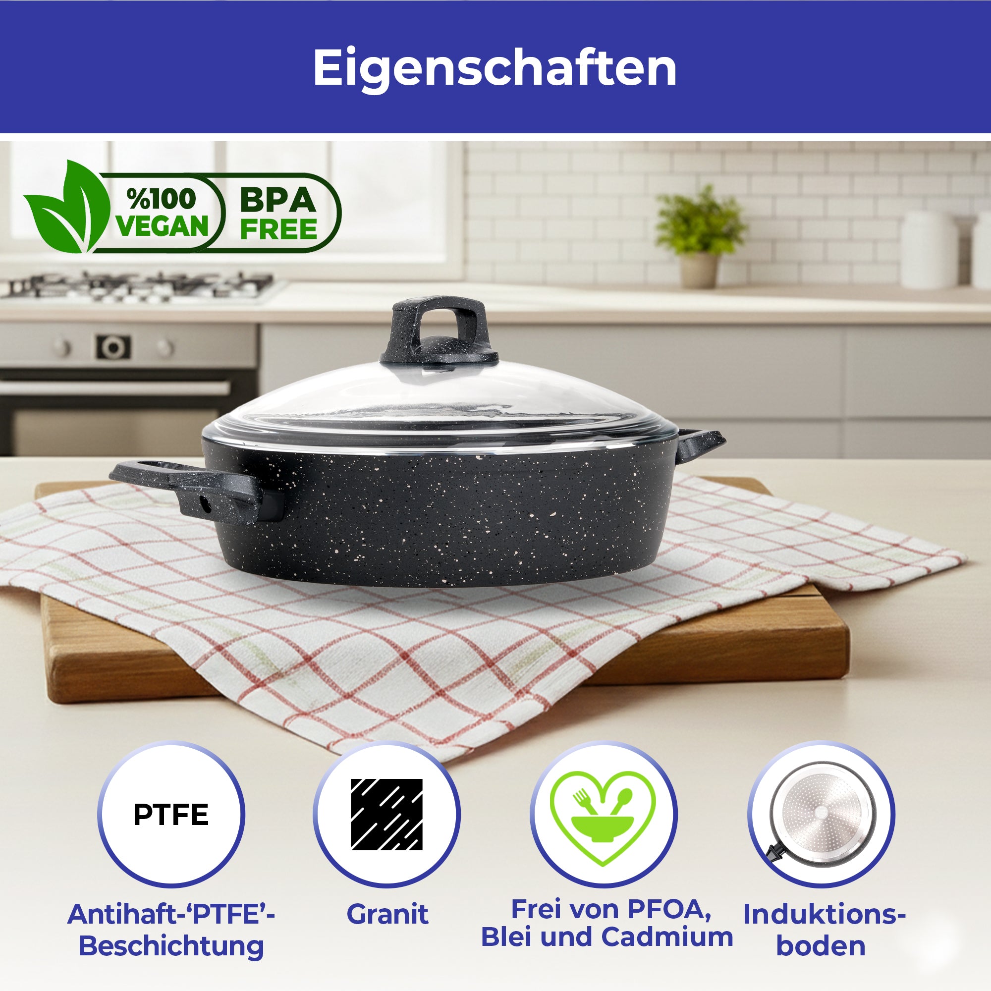 Bonera Vogue Flacher Kochtopf mit Glasdeckel – 24 / 28 / 30 / 32 cm | Granitbeschichtung | Induktionsgeeignet | PFOA-Frei