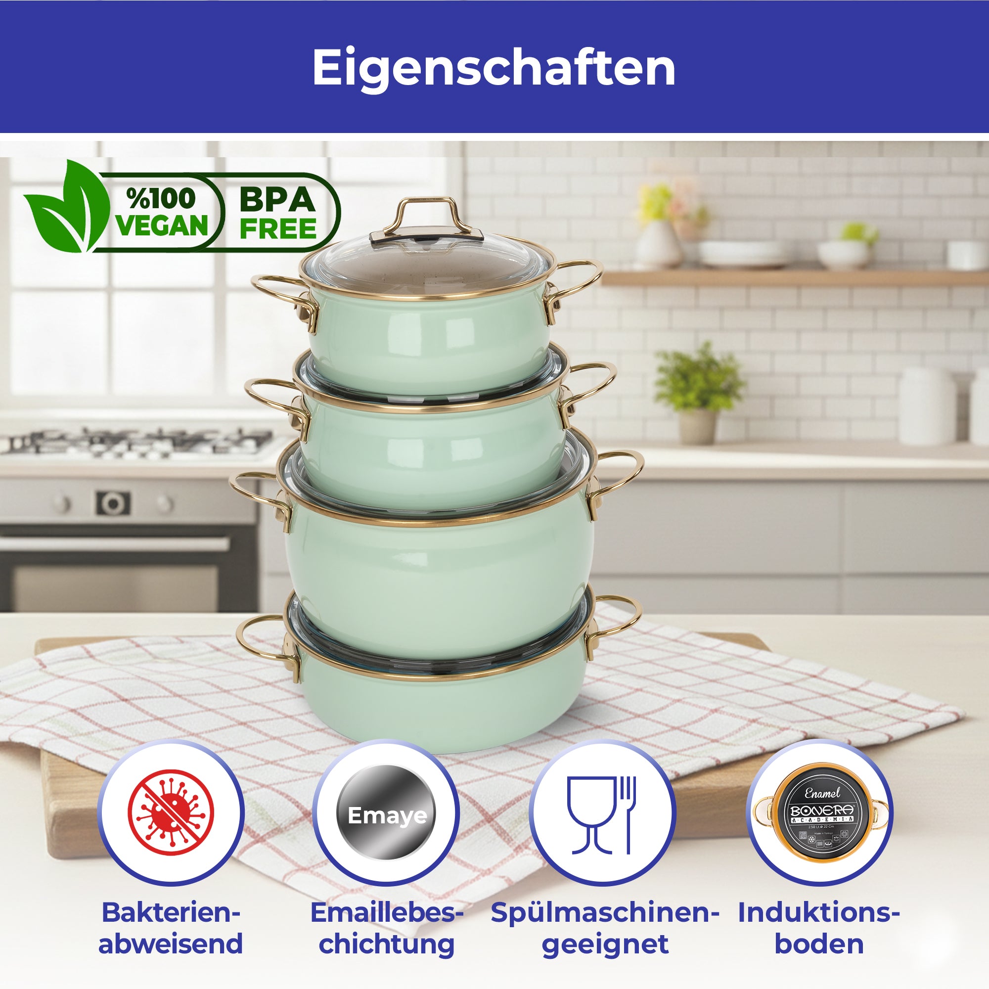 Bonera Vintage Wassergrün 8-teiliges Topfset – 18 / 20 / 24 cm + 24 cm Niedriger Topf | Induktionsgeeignet | Emaillebeschichtung | Glasdeckel | BPA- & PFOA-frei