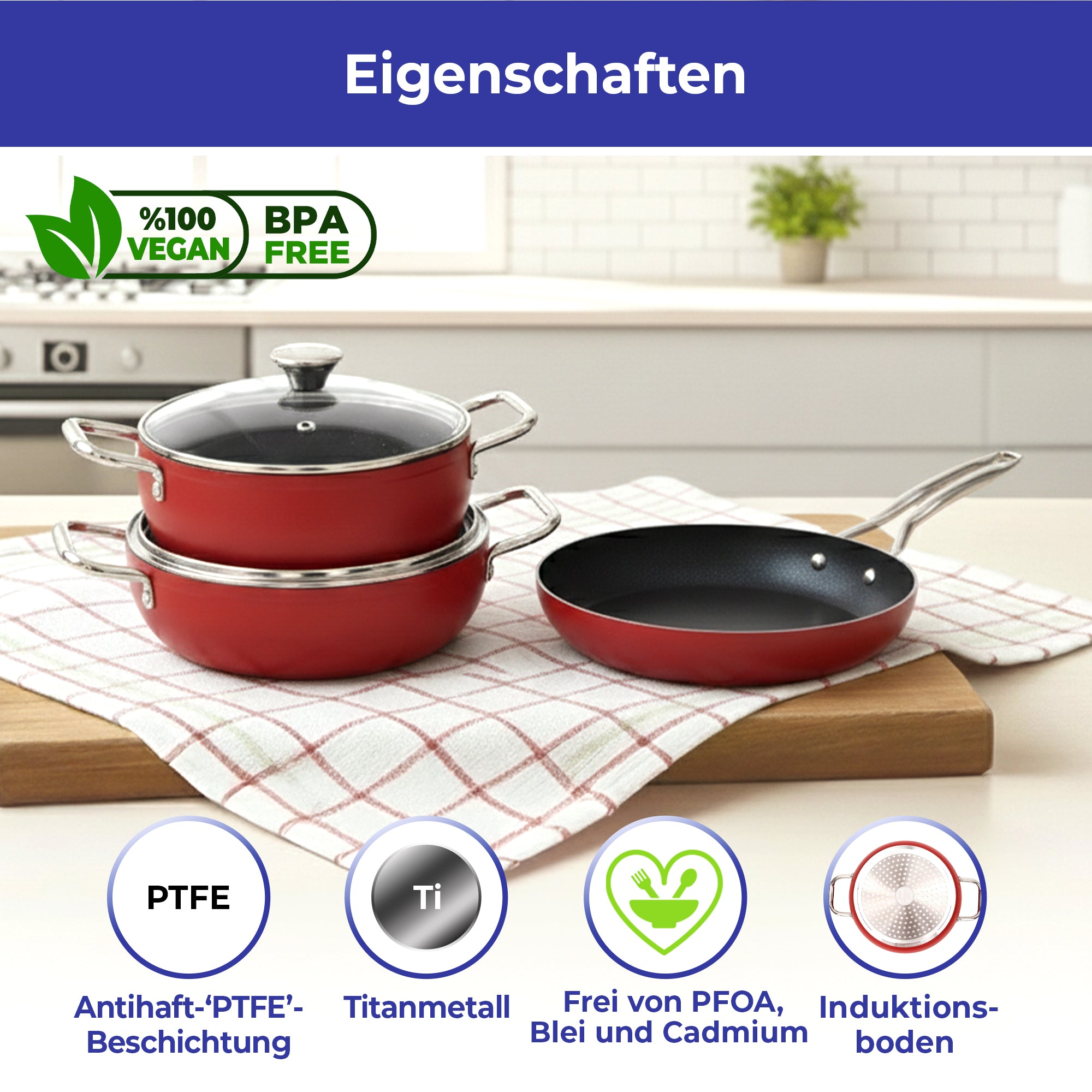 ProPlus 5-teiliges Kochgeschirr-Set – Rot | Induktionsgeeignet | PFOA-Frei | PTFE-Antihaftbeschichtung