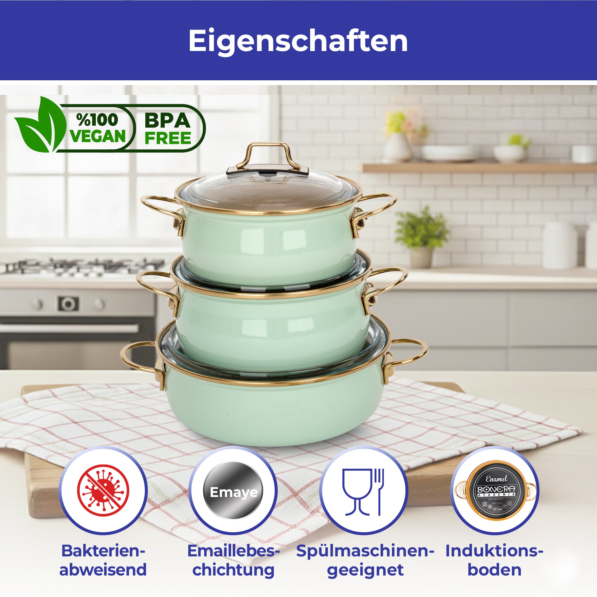 Bonera Vintage Wassergrün (Vintage-Design) 3-teiliges Topfset – 16 / 20 / 22 cm | Induktionsgeeignet | Emaillebeschichtung | Glasdeckel | BPA- & PFOA-frei