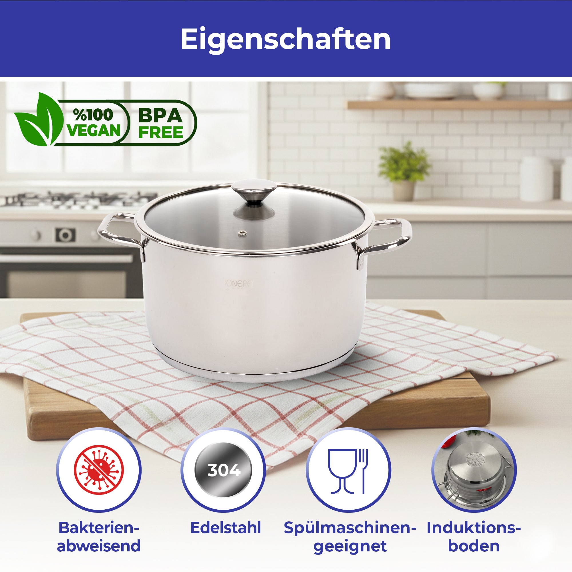 OMEGA Edelstahl-Kochtopf mit Glasdeckel – 18×10 bis 30×20 cm | 304 Edelstahl | Induktionsgeeignet | Spülmaschinenfest