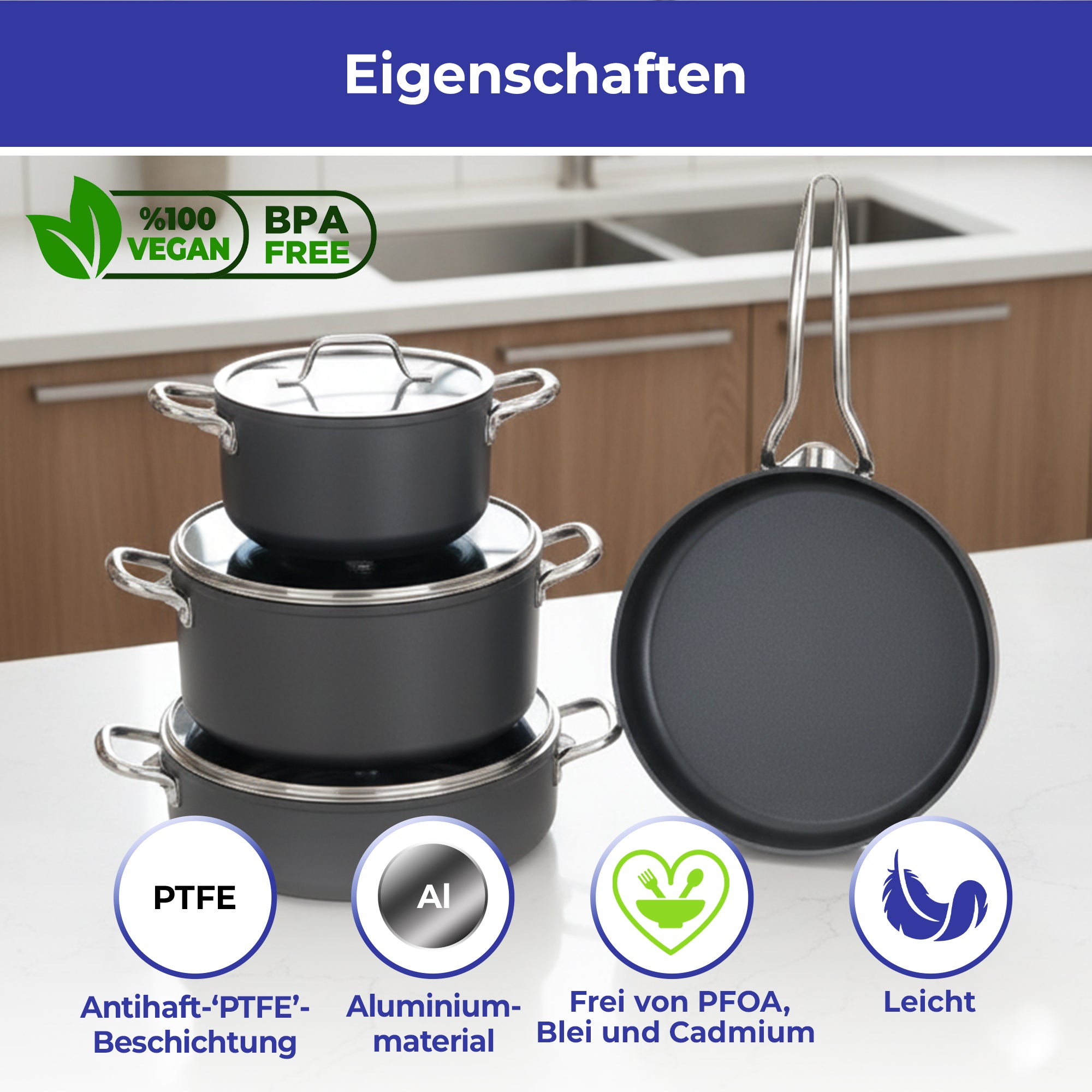 Atlas 7-teiliges Kochset – Grau Titanyum | PTFE-Antihaftbeschichtung | BPA-Frei | Leicht & Robust