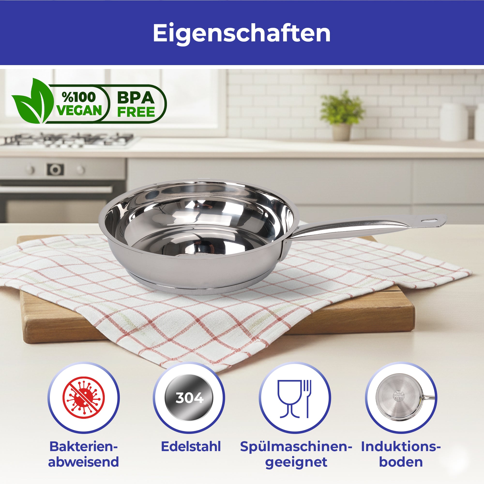 BONERA Edelstahl Bratpfanne – 18/20/22/24/26/28/30 cm | Induktionsgeeignet | 304 Edelstahl | Spülmaschinenfest