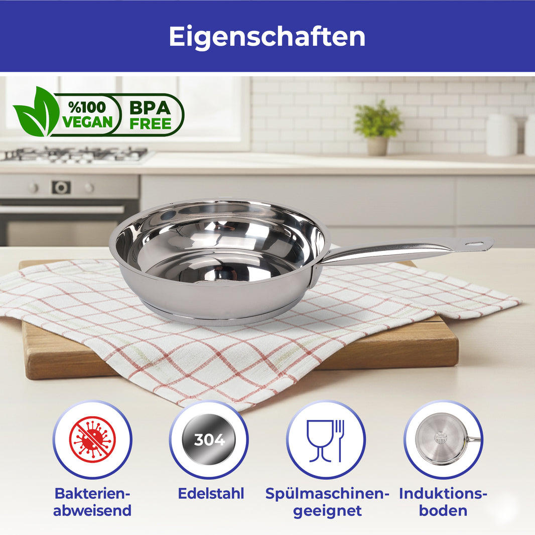 BONERA Edelstahl Bratpfanne – 18/20/22/24/26/28/30 cm | Induktionsgeeignet | 304 Edelstahl | Spülmaschinenfest